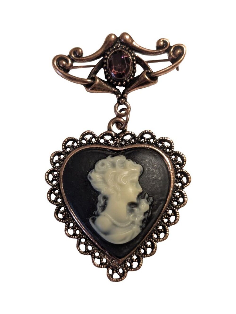 Copper Tone Purple Crystal Stone Vintage Victorian Heart Cameo Lady Brooch Pin